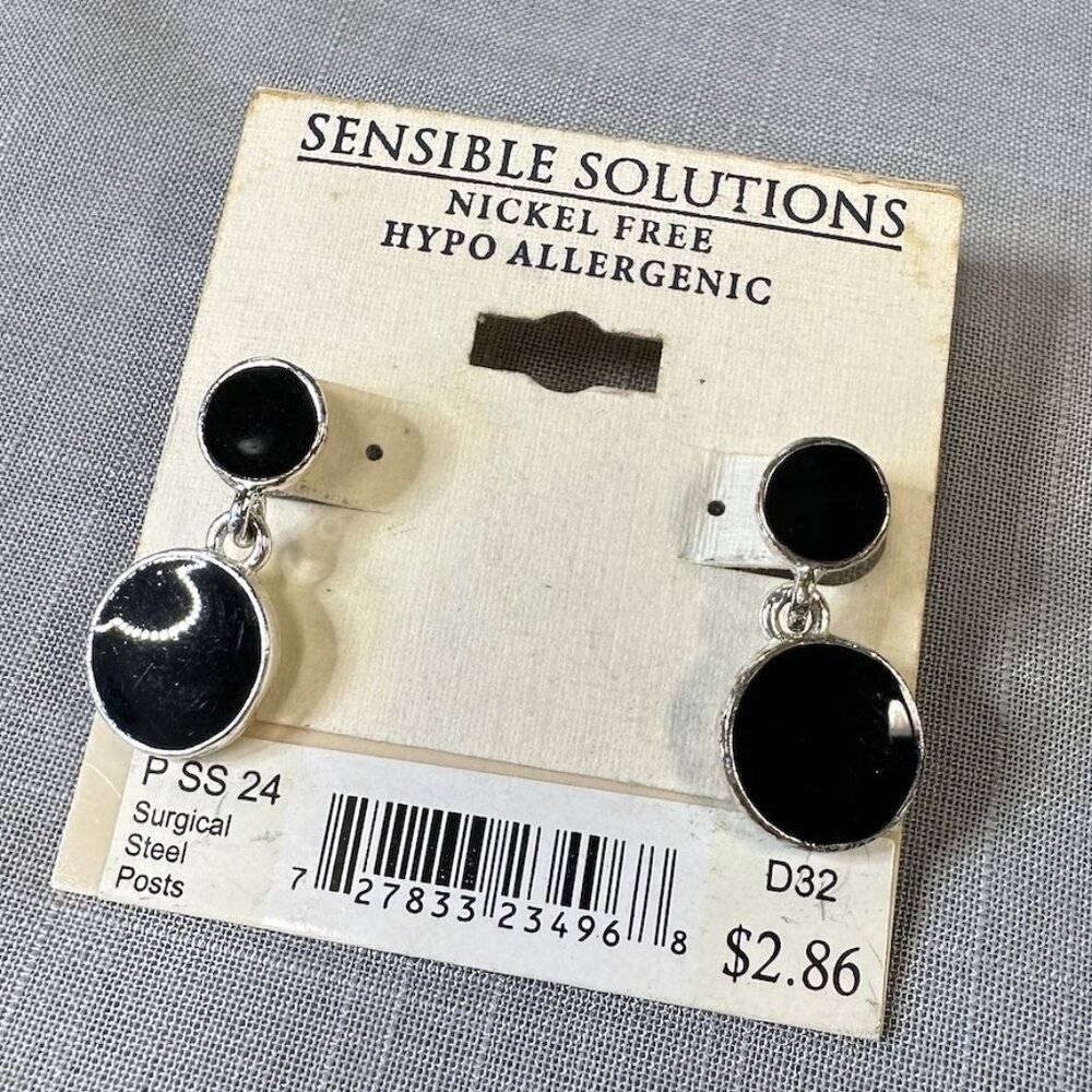 5/$5 Sensible Solutions Silver Tone Black Double Drop Round Earrings